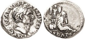 Vespasian, Den., IVDAEA, Jewess mourning, trophy left, H-1479; Choice VF+, centered on sl tight flan, tops of some lettering off, good metal with dark...