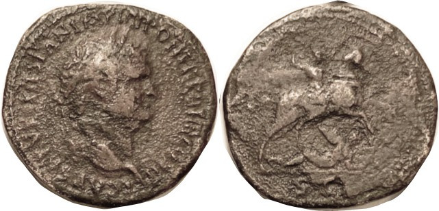 Titus, Sest, Judaea Capta issue, Bust r/SC, Titus on horse spearing Jew (becomin...