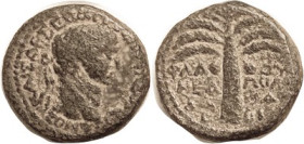 Domitian, Samaria, Neapolis, Æ20, bust r/Date palm; F, nrly centered, greenish-brown patina with earthen hilighting, strong features. Rare!