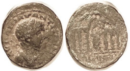 Caracalla, Decapolis, Dium, Æ23, Bust r/flaming altar in temple, Rosenb 1, Spijk 1; Overall F or so, greenish-brown patina with sl hilighting, somewha...