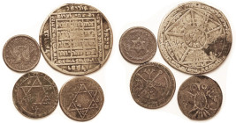 (Calendar?) Medal, 37 mm, brass, Pentagram/square, lots of Hebrew inscriptions each side, VG-F or so, asstd lt faults; plus 2 jetons, 23 mm, each with...
