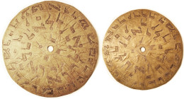 Brass disk, 105 mm (4+ in), hand engraved each side with many Hebrew letters; center hole.