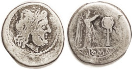 Victoriatus, Cr. 44/1, Sy.83, Jupiter hd r/Roma & trophy; F/AF, sl off-ctr on large flan, decent metal, just "honest" wear. (An AVF brought $146 in my...