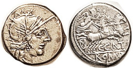 C. Porcius Cato, 123 BC, Den, Cr.274/1, Sy417, Roma hd r/Victory in biga r; VF, minimally off-ctr, good strike with much detail, nice iridescent tone....
