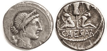 JULIUS CAESAR, Den., Venus head r/CAESAR, 2 captives below trophy, Cr.468/1; VF,...