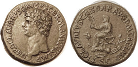 NERO CLAUDIUS DRUSUS, Sest, His bust l./TI CLAVDIVS etc, Claudius std l, amid armaments; AEF, well centered, dark greenish-brown patina, notably smoot...