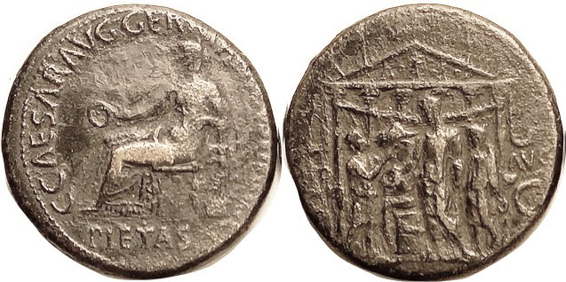 CALIGULA, Sest, Pietas std l./Ruler & pals sacrificing before temple; F-VF, obv ...