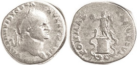 VESPASIAN, Den, PON MAX TRP COS VI, Victory atop cista mystica with snakes; AF, centered but lgnds crowded/wk, good bright metal, bold portrait. Rare ...