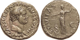 VESPASIAN, As, AEQVITAS AVGVSTI, Aequitas stg l, VF+, deep brown patina, obv with full bold lgnd & strongly detailed portrait; rev sl off-ctr with hin...