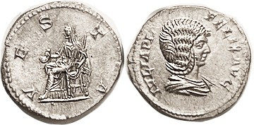 JULIA DOMNA, Den, VESTA std l; Virtually Mint State, well centered, sl obv lgnd ...