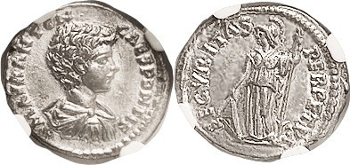 CARACALLA, AS CAESAR, Den, SECVRITAS PERPETVA, Minerva stg l, Laodicea mint, in ...