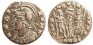 COMMEMORATIVE, Æ3/4, VRBS ROMA, Roma bust l,/ GLORIA EXERCITVS, standard betw so...