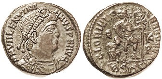 VALENTINIAN I, Æ3, GLORIA ROMANORVM, Ruler dragging captive, BSISCV; AEF/VF+, ob...