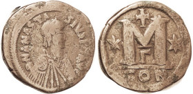 ANASTASIUS I, Follis, S19, var with star on shoulder, Offic.Gamma; F+, well struck, full lgnd, lt brown, nice bold coin. (A F was sold for $225, Berk ...