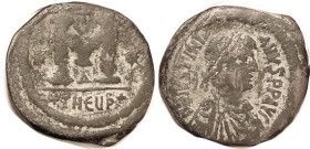 JUSTINIAN I, Follis, S216, Bust r/+THEUP+, offic Delta; F-VF/AF, full obv lgnd, rev somewhat off-ctr, dark brown patina with earthen hilighting, stron...