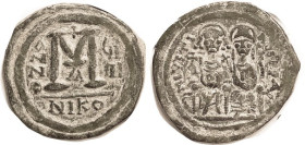 JUSTIN II, Follis, S369, NIKO- u III-B, VF, centered, well struck, dark green patina with pale earthen hilighting; faces & much other detail visible o...