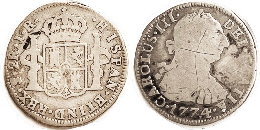 BOLIVIA, 2 Reales, 1774-JR, G/VG, "X" scr on face, otherwise nice for grade! Goo...