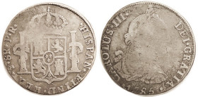 BOLIVIA, 8 Reales, 1785-PR, G, a hair off-ctr, face very wk, but nicely toned. Better date.