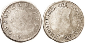 COLOMBIA, 2 Reales, 1821-Ba-JF Cundinamarca, G-VG/G, lettering all bold.