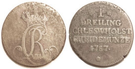 DENMARK, Schleswig-Holstein, Æ Dreiling 1787, Crowned monogram/lgnds, 25 mm, AVG/F, touches of porosity. (Cat F $30).