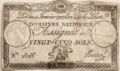 FRANCE Assignat (paper money), 25 Sols, Jan. 4, 1792, 60x102 mm, original, decent VG-F.