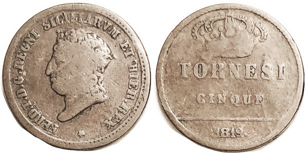 ITALY, Naples, 5 Tornesi, 1819, 31 mm, Ferdinand bust l./crown & lgnd; a decent ...