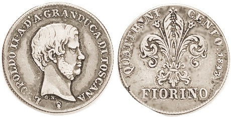 ITALY, Tuscany, Ar Fiorino, 1843, Leopold II head r/ Large Lis, F-VF/VF, almost ...