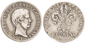 ITALY, Tuscany, Ar Fiorino, 1843, Leopold II head r/ Large Lis, F-VF/VF, almost invisible flan flaw at rev edge, but a very nice pleasantly toned coin...