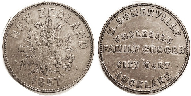 NEW ZEALAND, Token Penny, 1857, Somerville, Family Grocer, 35 mm, Flower bunch/l...