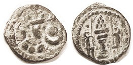 Yazdgard II, 438-57, Æ Pashiz (13 mm, 1.26 g), Bust r, globe & cresc to rt/ Fire altar & attendants; VF, hilighted dark green patina, everything quite...