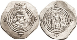 Khusru II, 590-628, Artashir-Khurrah mint, Yr. 38; Choice EF, sl squareish flan, well struck with fine style portrait. Good metal with lt tone. (A VF+...