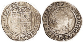 James I, 1603-25, 6 Pence, 1605, mm rose, S2657; AVG, very sl waved flan (straightened?), full lgnds, ltly toned, portrait visible but featureless. In...