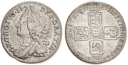 George II, 6 Pence 1757, F-VF, good metal with nice lt tone & luster hints, almo...