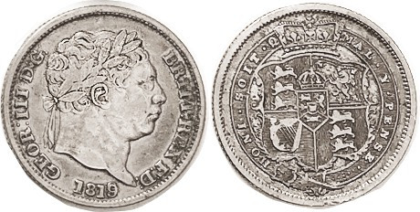 George III, Shilling 1819/8, VF, nicely toned, very clear overdate, very scarce....
