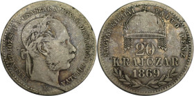 RDR – Habsburg – Österreich, KAISERREICH ÖSTERREICH. Österreich Ungarn. Franz Joseph I. (1848-1916). 20 Kreuzer (Krajczar) 1869 KB, Kremnitz. KM 446. ...