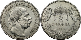 RDR – Habsburg – Österreich, KAISERREICH ÖSTERREICH. Österreich-Ungarn. Franz Joseph I. (1848-1916). 2 Korona 1912 KB. Silber. KM 493. Stempelglanz...