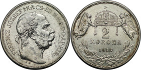 RDR – Habsburg – Österreich, KAISERREICH ÖSTERREICH. Österreich-Ungarn. Franz Joseph I. (1848-1916). 2 Korona 1913 KB. Silber. Jaeger 406. Stempelglan...