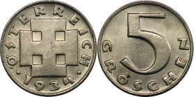 RDR – Habsburg – Österreich, REPUBLIK ÖSTERREICH. 5 Groschen 1934. Kupfer-Nickel. KM 2846. Stempelglanz. Erhaltung!