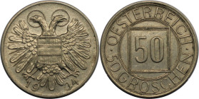 RDR – Habsburg – Österreich, REPUBLIK ÖSTERREICH. 50 Groschen (Nachtschilling) 1934. Kupfer-Nickel. KM 2850. Stempelglanz. Seltener