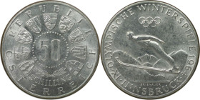 RDR – Habsburg – Österreich, REPUBLIK ÖSTERREICH. IX Olympische Winterspiele, Innsbruck. 50 Schilling 1964. 20,0 g. 0.900 Silber. 0.58 OZ. KM 2896. St...