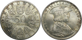 RDR – Habsburg – Österreich, REPUBLIK ÖSTERREICH. 450. Todestag von Maximilian I. 50 Schilling 1969. 20,0 g. 0.900 Silber. 0.58 OZ. KM 2906. Stempelgl...