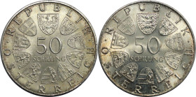 RDR – Habsburg – Österreich, REPUBLIK ÖSTERREICH. 300 Jahre Universität Innsbruck. 50 Schilling 1970. 20,0 g. 0.900 Silber. 0.58 OZ. KM 2908. Stempelg...