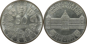 RDR – Habsburg – Österreich, REPUBLIK ÖSTERREICH. 100 Jahre Hochschule für Bodenkultur in Wien. 50 Schilling 1972. 20,0 g. 0.900 Silber. 0.58 OZ. KM 2...