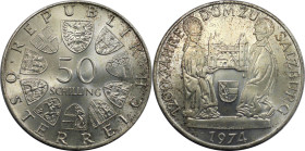 RDR – Habsburg – Österreich, REPUBLIK ÖSTERREICH. 1200 Jahre Dom zu Salzburg. 50 Schilling 1974. 20,0 g. 0.640 Silber. 0.41 OZ. KM 2921. Stempelglanz....