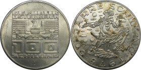RDR – Habsburg – Österreich, REPUBLIK ÖSTERREICH. XII Olympische Winterspiele, Innbruck 1976 - Schifahrer. 100 Schilling 1975. 24,0 g. 0.640 Silber. 0...