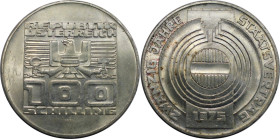 RDR – Habsburg – Österreich, REPUBLIK ÖSTERREICH. 20 Jahre Staatsvertrag. 100 Schilling 1975. 24,0 g. 0.640 Silber. 0.49 OZ. KM 2924. Fast Stempelglan...