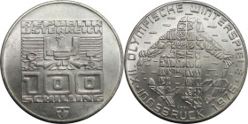 RDR – Habsburg – Österreich, REPUBLIK ÖSTERREICH. Winterolympiade in Innsbruck - Skier. 100 Schilling 1975. 24,0 g. 0.640 Silber. 0.49 OZ. KM 2928. St...