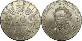 RDR – Habsburg – Österreich, REPUBLIK ÖSTERREICH. 150. Todestag von Franz Schubert. 50 Schilling 1978. 20,0 g. 0.640 Silber. 0.41 OZ. KM 2937. Stempel...