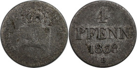 Altdeutsche Münzen und Medaillen, BRAUNSCHWEIG - CALENBERG - HANNOVER. Ernst August (1837-1851). 4 Pfennig 1838 B. Silber. Jaeger 45, AKS 121. Sehr Sc...