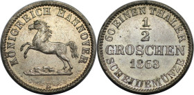 Altdeutsche Münzen und Medaillen, BRAUNSCHWEIG - CALENBERG - HANNOVER. Georg V. (1851-1866). 1/2 Groschen 1863 B. Billon. KM 235. Stempelglanz. Patina...